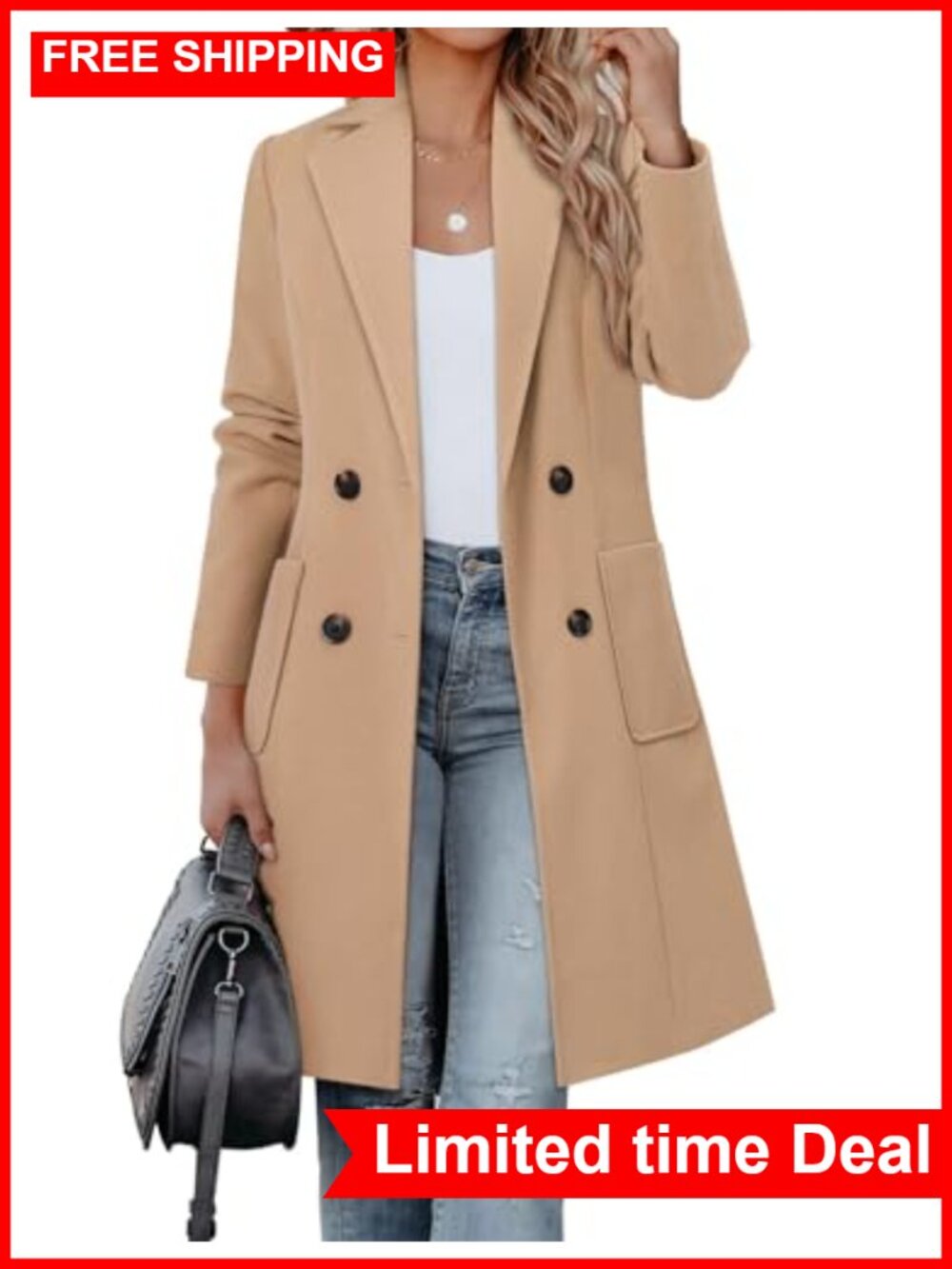 Wool Blend Pea Coat Double Breasted Notch Lapel Mid Long Overcoat
